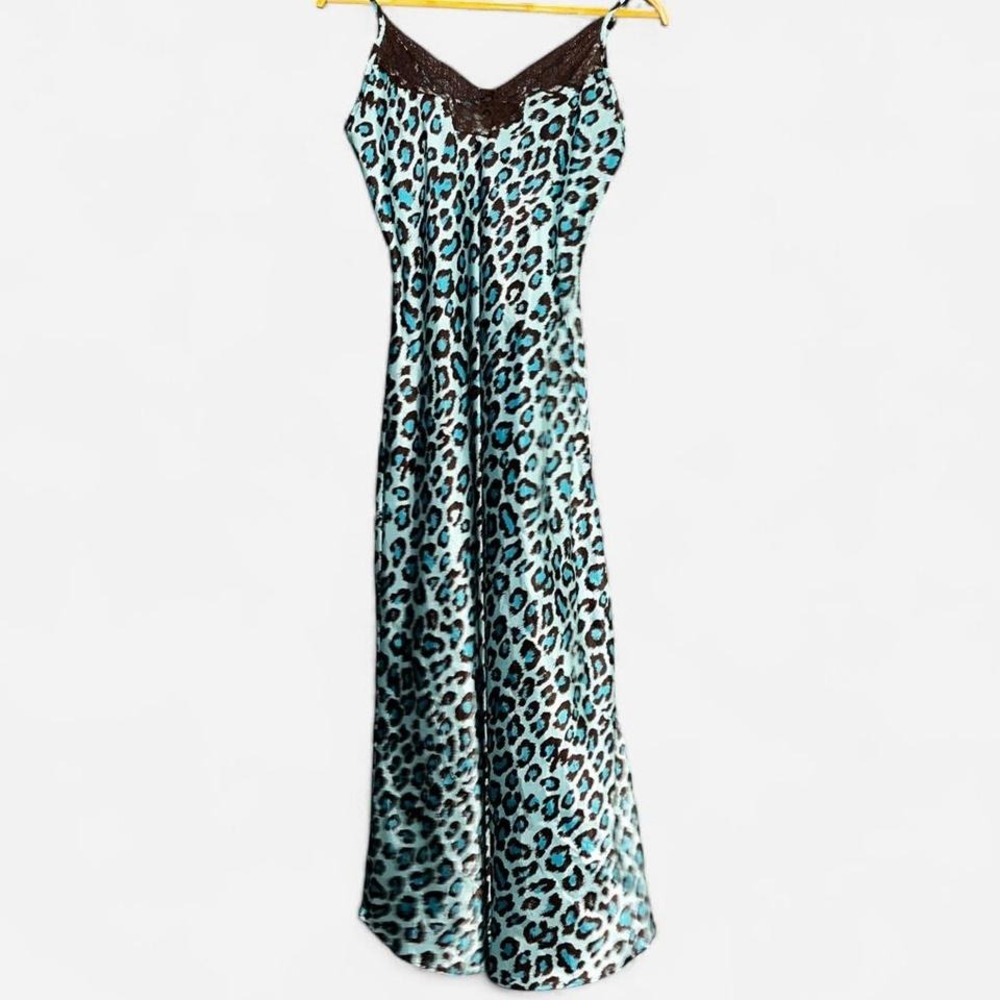 Blue and brown leopard maxi slip dress small
